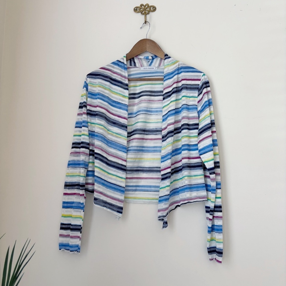 Cut Loose Striped Open Front Cardigan Layering Top Large Coastal Grandma - Picture 1 of 6